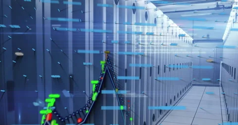 Opening showing server racks, code rain cascading and green-red charts rising to Stock Footage 309721964