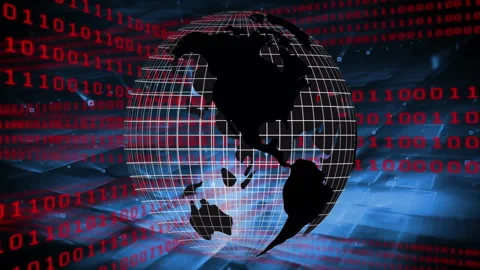 Opening showing wireframe globe rotating as red binary cascading and wave Stock Footage 312904745
