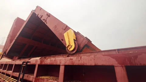 Opening of side rolling hatch cover on dry bulk carrier for loading grain corn Stock Footage 274985239