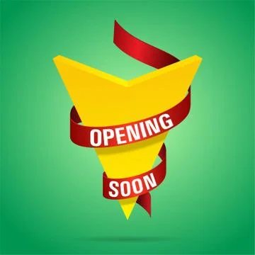 Opening Soon Banner vector design with Yellow Arrow and Red Ribbon Stock Illustration