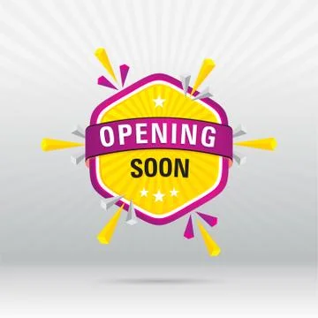 Opening Soon Banner Vector in Hexagon Shape with 3D Triangle Shapes on grey b Stock Illustration