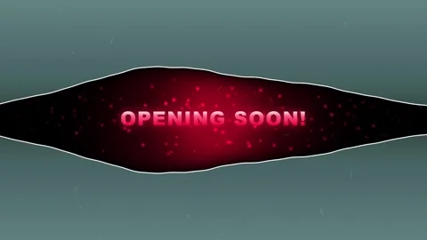 Opening soon text animation with glowing red particles against dark cinemat.. Stockbeeldmateriaal 344309614