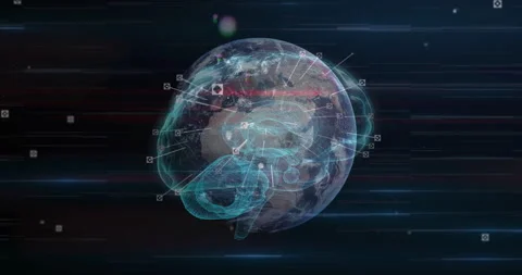 Opening space, globe-brain appearing rotating and linking UI nodes with flashing Stock Footage 313329802
