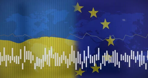 Opening split Ukrainian and EU flags driving pulsing waveform and moving graphs Stock Footage 313552328