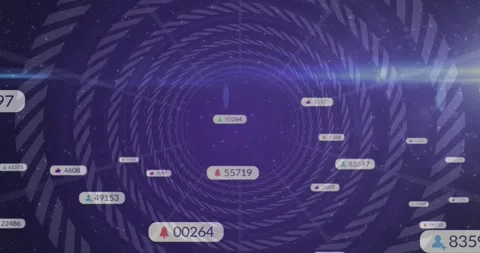 Opening on star-speckled backdrop, rotating chevron vortex pulling data labels Stock Footage 328411333