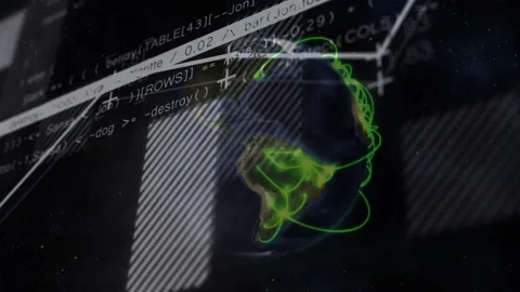 Opening on starfield rotating 3D globe tracing streams and scrolling code for Stock Footage 312657705