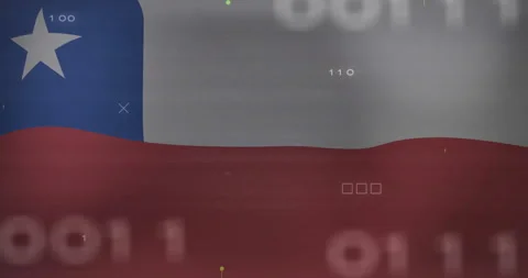 Opening static Chilean flag, circuit traces sliding and binary code flashing, Stock Footage 312843202