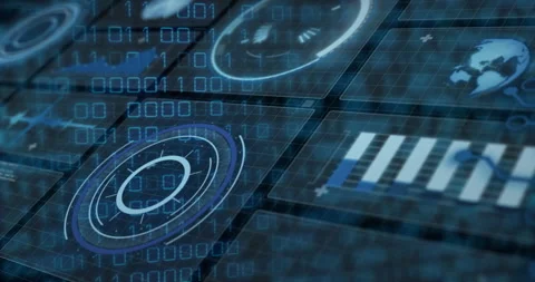 Opening streaming code pulsing HUD arc toggling chart and rotating globe Stock Footage 309893905