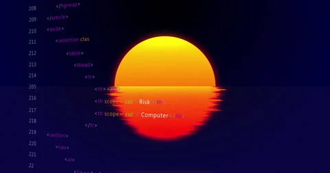 On opening sun graphic reflecting glitching while HTML code scrolling behind Stock Footage 313494593