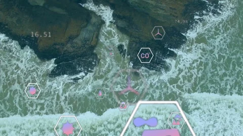 Opening top-down drone shot showing rocky shore, floating hex icons animating Stock-Footage 312759290