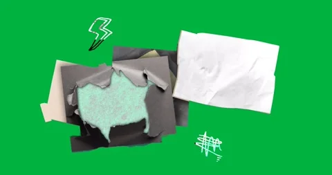 Opening torn panel revealing green shape on clear bg sheets sliding, doodles Stock Footage 317284474