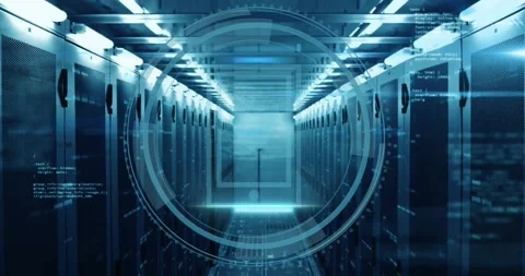 Opening tracking aisle scrolling code pulsing Cyber Security, rotating rings Stock Footage 328974814