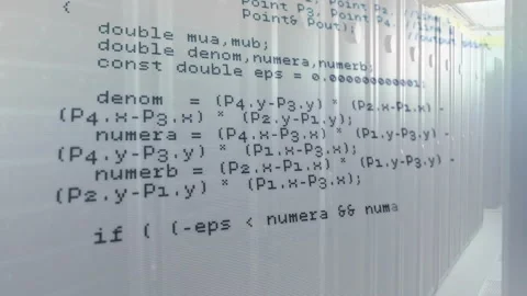 Opening translucent C++ code scrolling upward, revealing HTTP response loop and Stock Footage 310643427