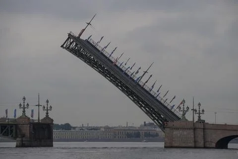 The opening of the Trinity bridge during the "white nights." Saint Petersburg Stock Photos