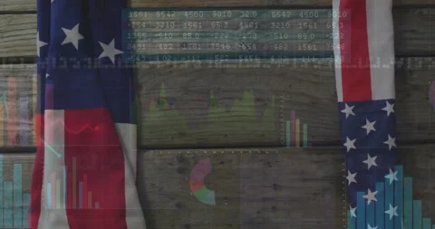 Opening with two American flags hanging, table fading charts appearing, fading Stock Footage 312829533