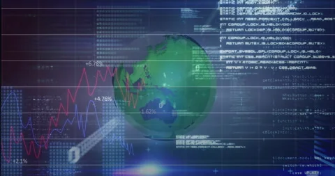 Opening UI initiating globe rotating code scrolling and lens sweeping arrow Stock Footage 311050858