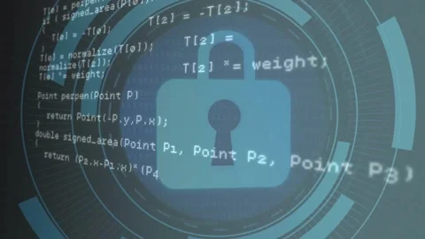 Opening UI showing scrolling C++ HTTP code fading circle behind rotating padlock Stock Footage 319682288