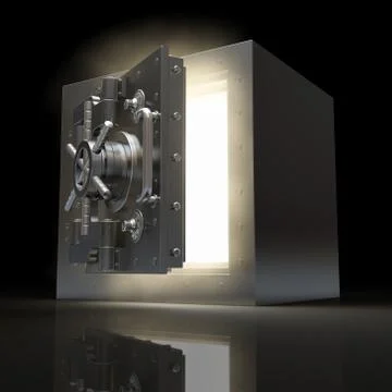 Opening vault and volume light on black background. 3d 스톡 일러스트