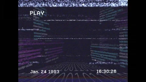 Opening with VHS PLAY overlay, corridor sweeping static and flickering code Stock Footage 317128769