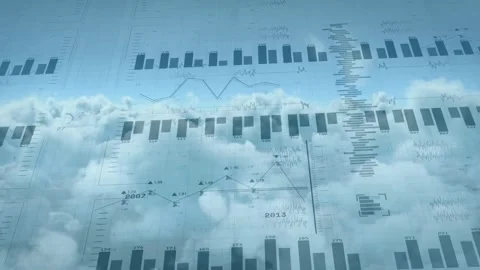 Opening with view over clouds, data visualizations fading and stacking to Stock Footage 317275594