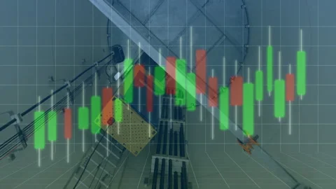 Opening view showing rig with parabolic dish while candlestick chart animating Vídeos de archivo 313329701