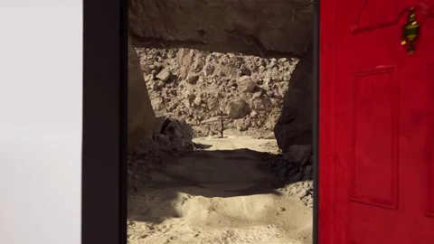 Opening a virtual door, stepping into a desert, 3D animation Stock Footage 301604788