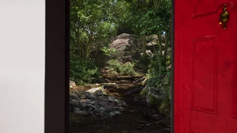 Opening a virtual door, stepping into a forest, 3D animation Stock-Footage 301605147