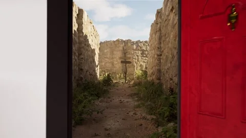 Opening a virtual door, stepping into a maze, 3D animation Stock Footage 301604905