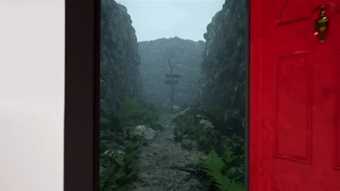 Opening a virtual door, stepping into a maze, 3D animation Stock Footage 301606544