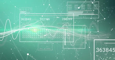 Opening virtual grid starting waveform pulsing, UI elements emerging, numbers Stock Footage 312482098
