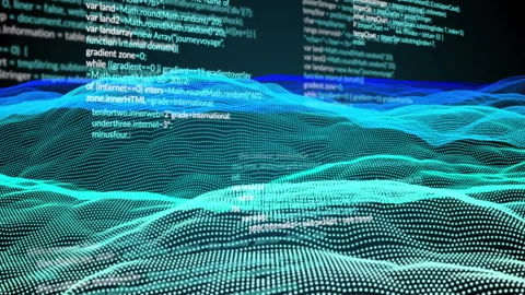 Opening void 3D mesh waves oscillating with code scrolling and tags sliding Stock Footage 310151184