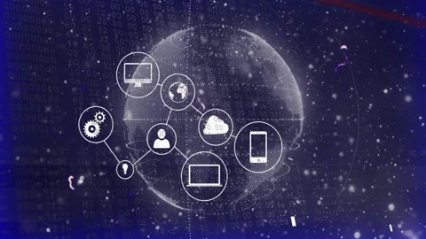 Opening void with code, rotating globe spawning cloud icon, linking nodes for Stock Footage 313308018