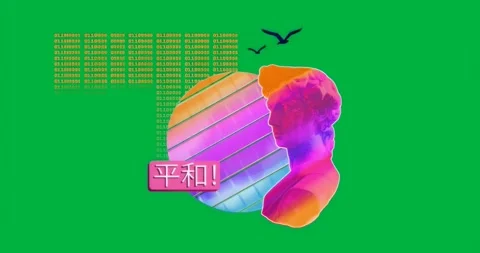 Opening void showing vaporwave bust glowing sun shifting code extending and bird Vídeos de archivo 317362925