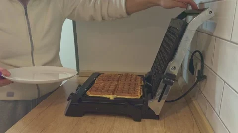 Opening Waffle Maker Showing Golden Crispy Waffles Inside Close Up Stock Footage 344249013