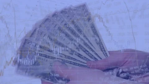 Opening wallet, hands extracting and fanning US bills while charts overlaying, Stock Footage 328384439