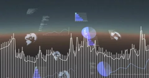 Opening waveform starting globe icons appearing, charts rising, streaming code Stock Footage 317154098