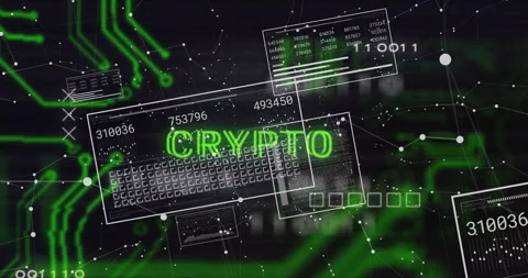 Opening with white nodes drifting, panels appearing, codes updating, CRYPTO Stock Footage 310776998