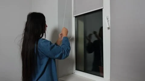 Opening window blinds at home, simple everyday lifestyle scene Stock Footage 320422537