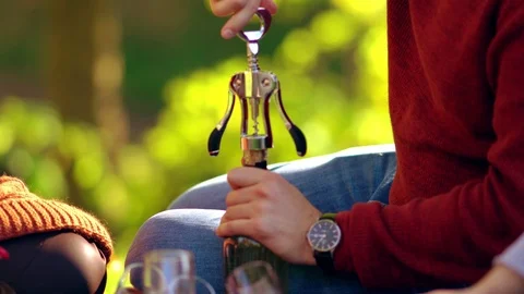 Opening wine bottle in park Video stock 118895369