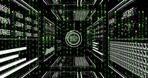 Opening wireframe corridor starting green binary cascading central interface Vídeos de archivo 312829385