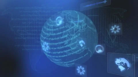 Opening wireframe globe rotating gears orbiting code rings spiraling maps Stock Footage 314708113