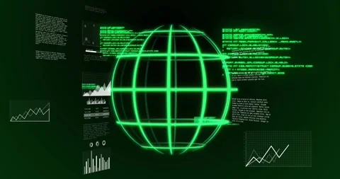 Opening wireframe globe sliding panels drawing graphs scrolling code showing Stock Footage 325837226