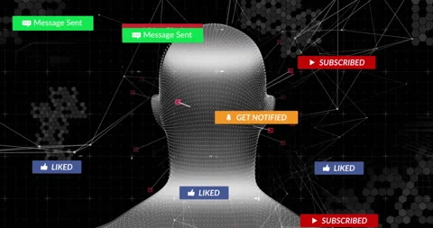 Opening wireframe head rotating with glitch bars and pop-ups illustrating social Stock Footage 312482798