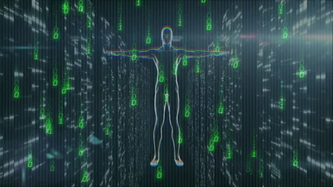 Opening wireframe humanoid figure rotating in binary tunnel glitch outlines Stock Footage 312915789