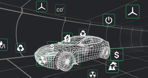 Opening wireframe sedan inside grid tunnel, floating icons appearing Stock Footage 312844981