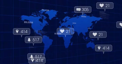 Opening world map backdrop showing numeric coordinates then icons animating Stock Footage 327782438