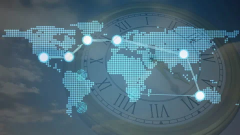 Opening on world map over analog clock face nodes fading in linking continents Stock Footage 311416844