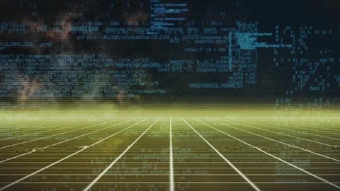 Opening on yellow grid plane, code snippets scrolling flickering and dissolving Stock Footage 327064728