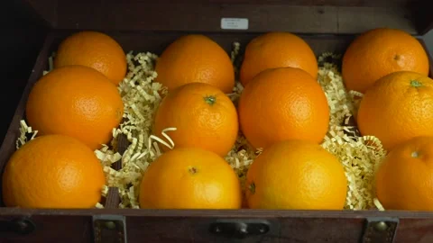 Opens the door of the chest, there are oranges Stockbeeldmateriaal 231106023