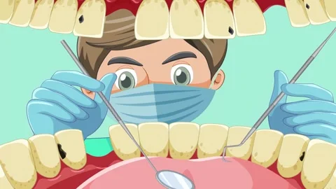 Opens lower and upper jaw with decayed teeth and a dentist with instruments  Stock Footage 273129569